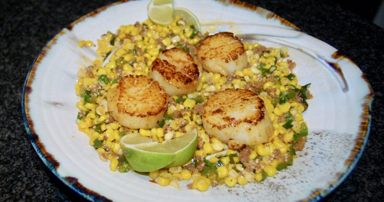 Corn, Chorizo and Scallops