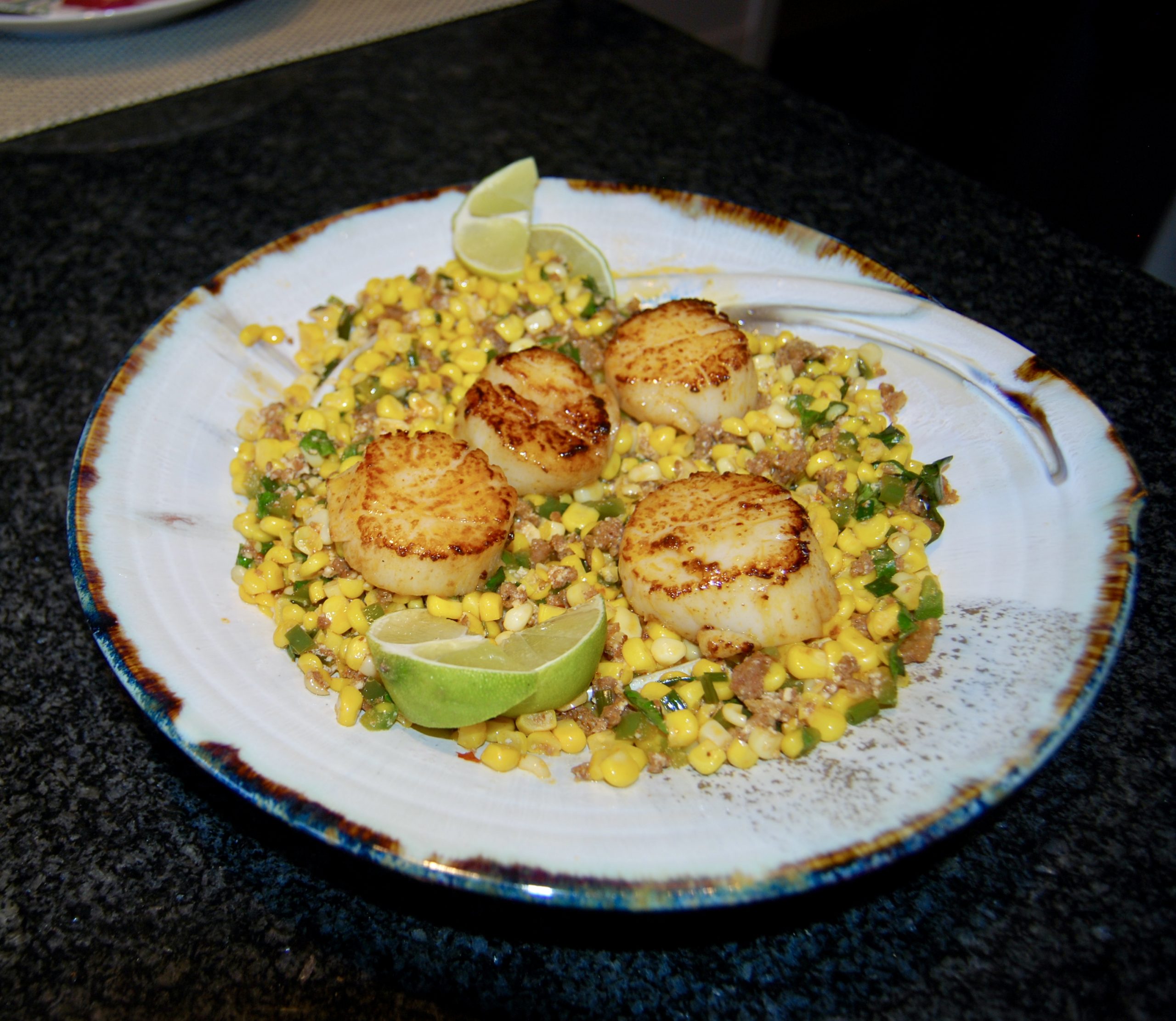 Corn, Chorizo and Scallops