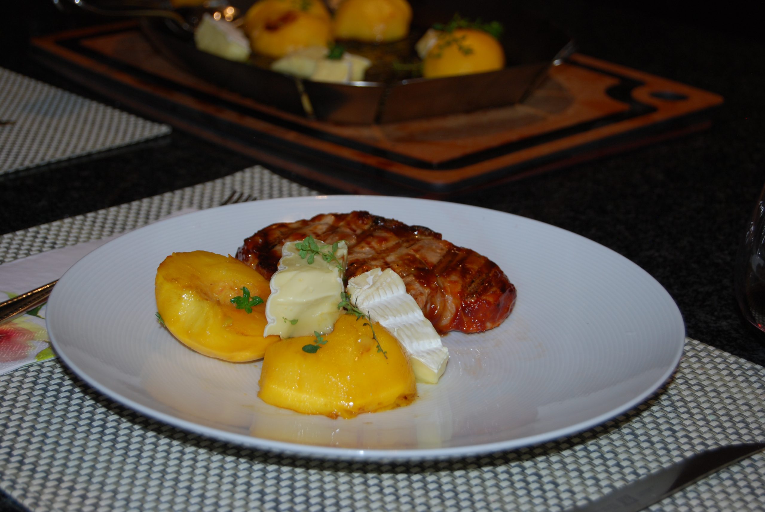 Grilled Pork Chops, Peaches and Brie