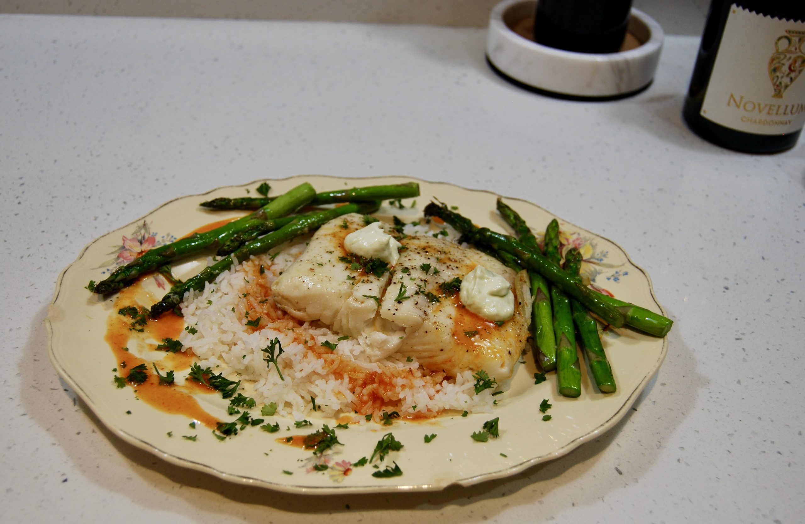 Halibut with Chili Garlic Vinaigrette and Wasabi Cream