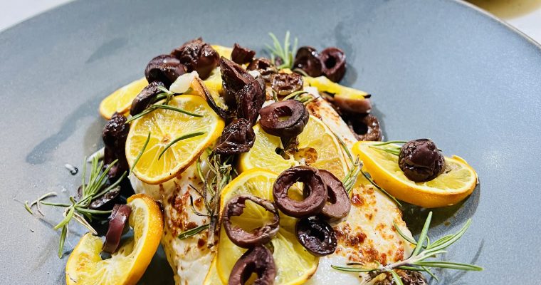 Roasted Halibut with Lemon, Olives and Rosemary