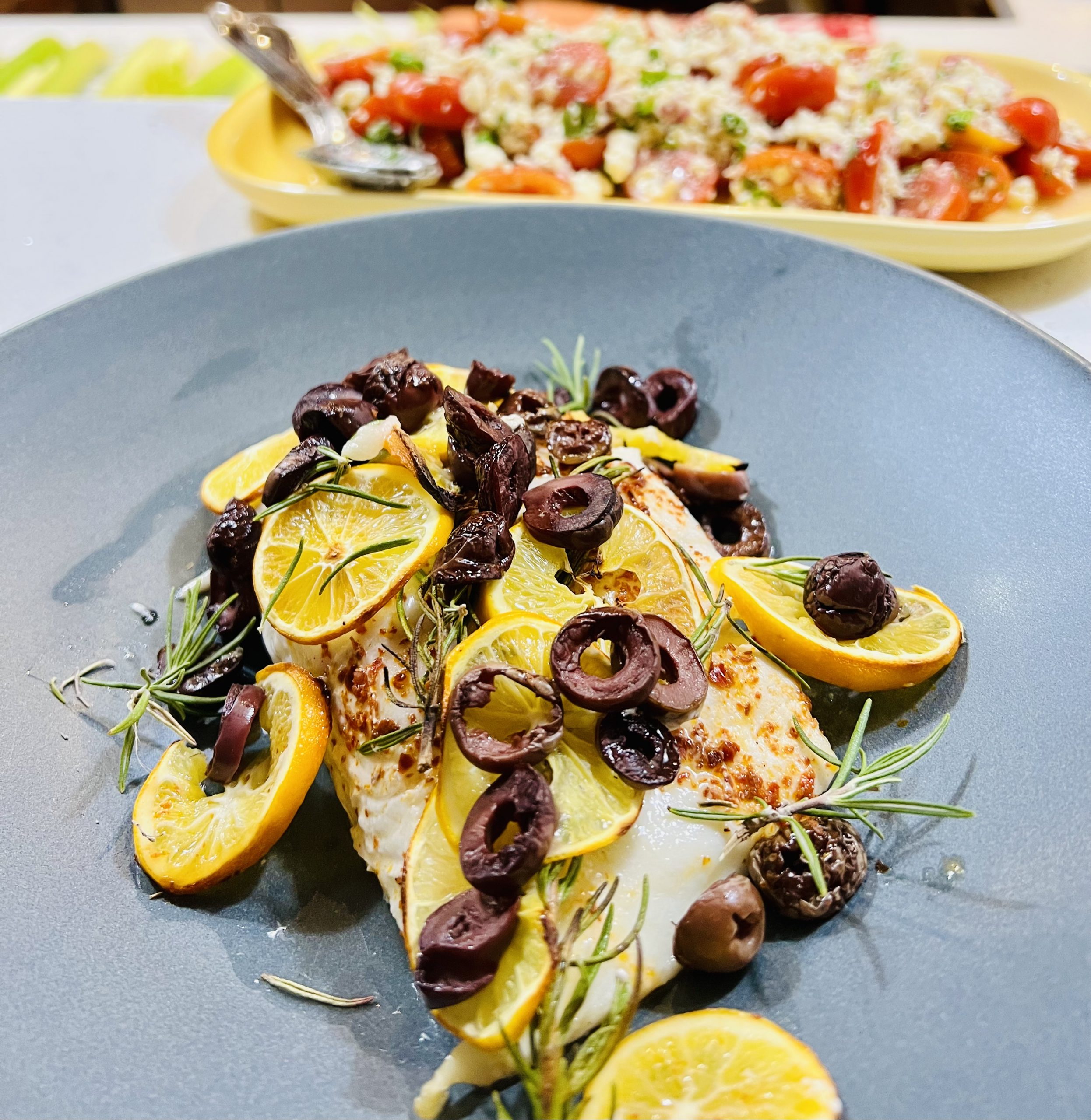 Roasted Halibut with Lemon, Olives and Rosemary