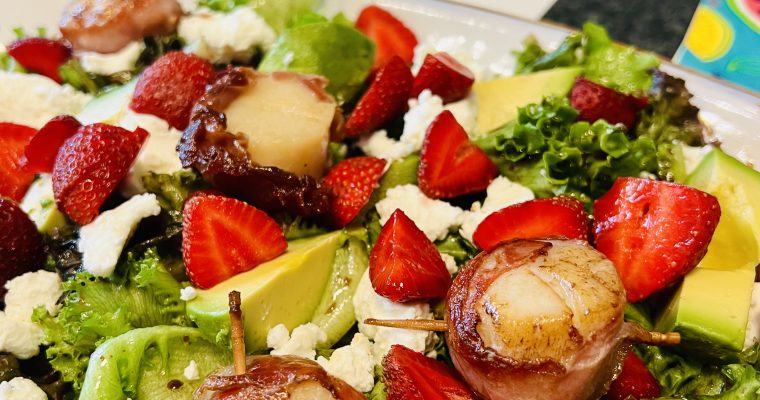 Strawberry and Chèvre Salad with Prosciutto Scallops